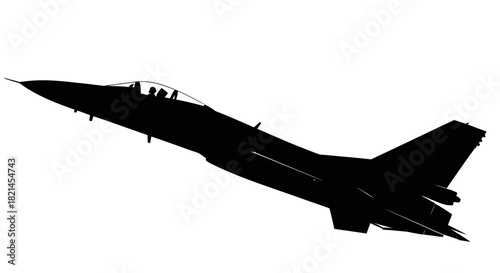 Black silhouette of a military fighter jet aircraft soaring upwards against a plain white background.