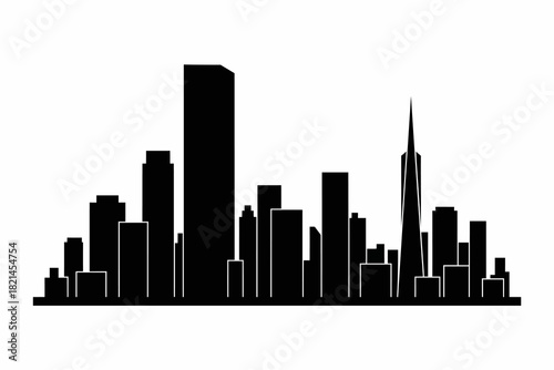 Ultra-Minimal Black Skyline Silhouette of Generic Global City - Tall Flat-Roof Tower and Needle Spire on Pure White