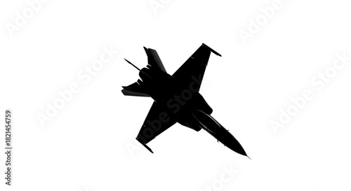 Silhouette of a fighter jet soaring through the sky, captured from an overhead perspective.