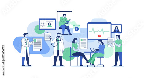 Modern telemedicine concept with doctors consulting patients remotely using technology for healthcare solutions and medical advice, showcasing digital health trends