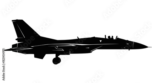 Silhouette of a jet fighter aircraft, showcasing its design and structure against a white background.