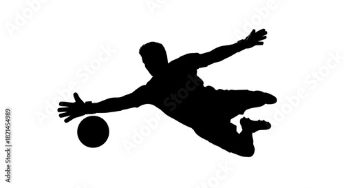 Silhouette of a soccer goalkeeper diving to catch a ball, isolated on white.