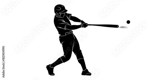 Dynamic silhouette of a baseball player swinging a bat and hitting the ball on a white background.
