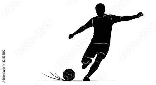 Black silhouette of a male soccer player in mid-kick, striking a football with dynamic motion lines.