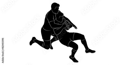 A black and white silhouette illustration of one athlete tackling another during a contact sport game.