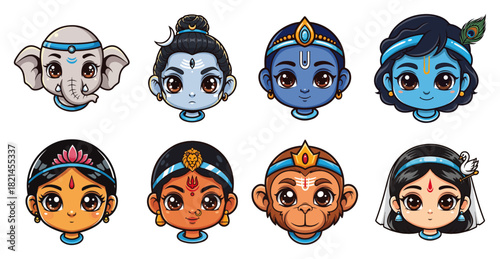 Cute chibi heads of Hindu gods and goddesses vector icon set