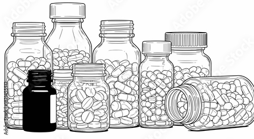 a variety of prescription medicine pills and capsules in glass bottles for pharmaceutical advertising, health and wellness blogs, and informational packaging design, [[with copy space]]
