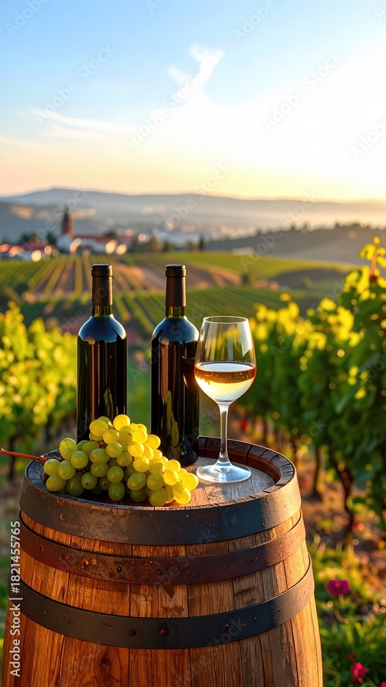 Fototapeta premium Wine bottles, glass, grapes on barrel, vineyard view at sunset