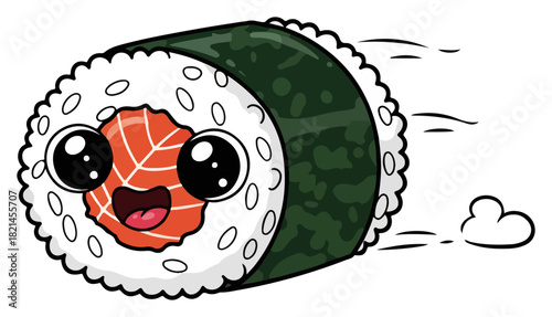 Cute Running Sushi Roll Character. Kawaii Salmon Maki Vector Cartoon Mascot for Japanese Food Delivery