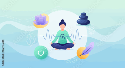 Find your inner peace with meditation and mindfulness practices for stress relief and relaxation, featuring calming icons and serene colors