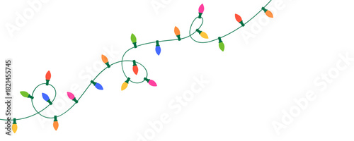 Christmas color light string garland. Holiday bright decoration card. New Year luxury string baubles frame. Celebration party background. Fairy glowing bulb. Led neon lamp banner. Vector illustration