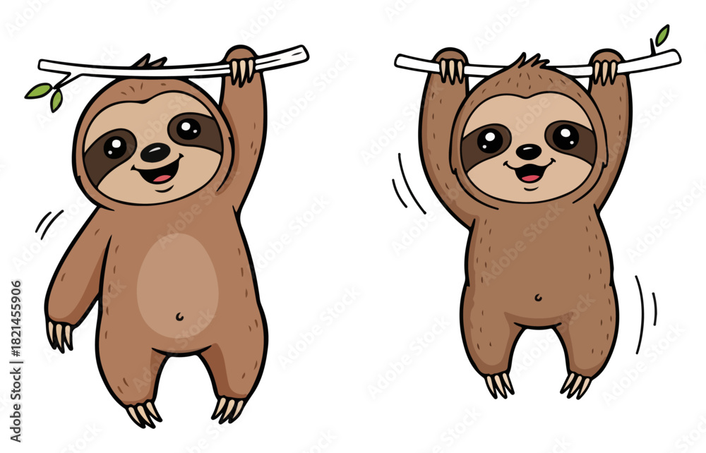 Naklejka premium Two cute sloths hanging from branches with leaves – friendly jungle animal cartoon vector illustration