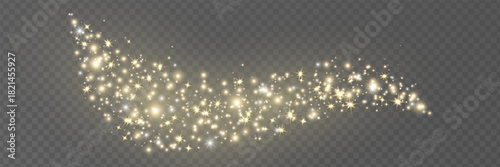 Glitter golden star and light wave. Christmas Holiday banner with glow particle. Sparkle gold bokeh. Luxury background. Magic star effect. Festive party. Twinkle flash. Fairy bulb.Vector illustration