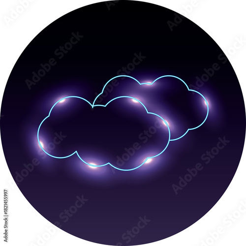 Abstract glowing blue cloud outlines with sparkling lights on a dark circular background with purple and blue gradient and soft glow effect creating a mystical and ethereal atmosphere
