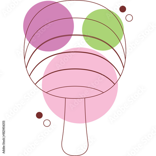Abstract illustration of three oversized colorful balloons in pink purple and green attached to a brown stem with brown and white dots floating on a transparent background representing a whimsical