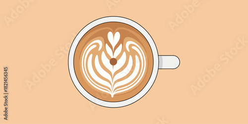 Top view vector illustration of a coffee cup with beautiful latte (rosetta) art.