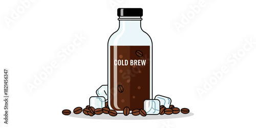 Flat and bold outline style vector illustration featuring a ready-to-drink cold brew coffee bottle with a black cap