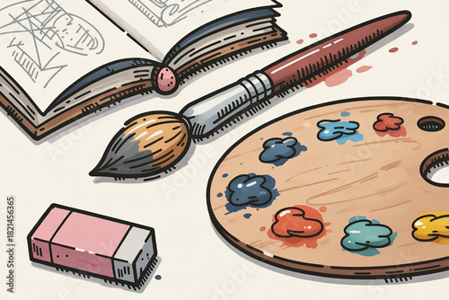 Artistic tools illustration with paintbrush palette sketchbook and eraser hand-drawn vector design for creative projects