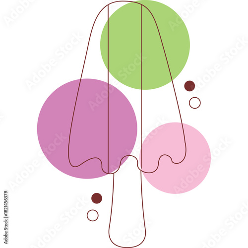 Abstract Outline Of A Popsicle With Green Purple And Pink Circles And Small Dark Brown Dots On A White Background