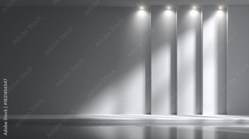 Obraz premium An empty room with spotlights illuminating vertical rectangular architectural elements