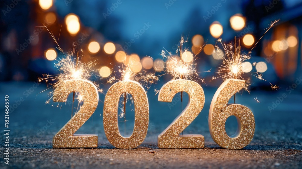 Obraz premium happy new year, new year's eve, celebration holiday winter party event celebration greeting card - year 2026 and sparklers on table