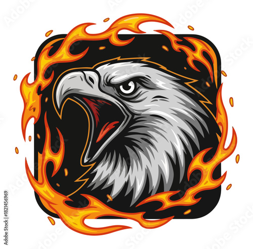 Fierce eagle head ringed by flames in rounded badge – aggressive sports mascot logo vector illustration