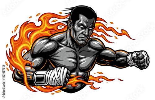Muscular MMA fighter or boxer mascot with flames punching forward for a sport team logo