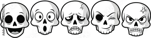 Expressive skull faces displaying a range of emotions from happiness to anger, perfect for Halloween designs or spooky creative projects, a fun eerie element