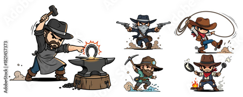 Cute wild west cartoon characters set with a cowboy blacksmith miner and gunslinger