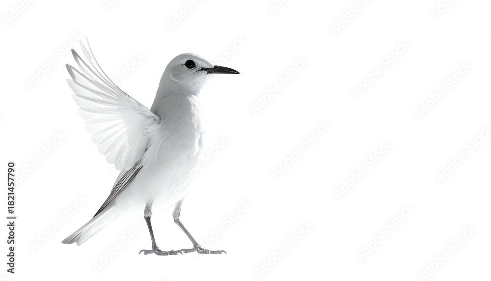 Fototapeta premium Gleaming white bird raising wing against stark black background