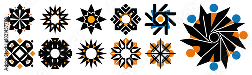 Set of geometric abstract logos and icons – modern radial symbols starbursts and mandala shapes in black orange and blue – vector collection