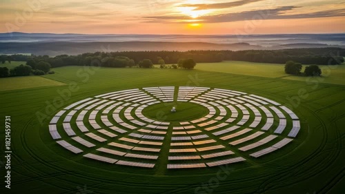 Aerial view of circular solar panel array in green field at sunset, showcasing renewable energy