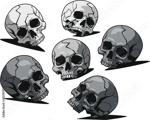 Creepy collection of cracked skulls for Halloween designs, spooky themes, or macabre art projects and dramatic visuals with gothic undertones