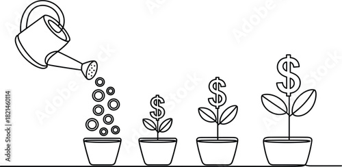 Financial Growth Metaphor Illustration, Watering Can and Growing Dollar Plants, Investment Strategy Development Savings Outline Vector Graphic