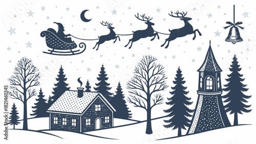 Whimsical winter scene with Santa's sleigh flying over a quaint village under the moonlight, vector illustration