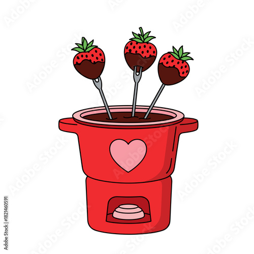 Chocolate fondue with strawberries on skewers, dessert preparation and romantic celebration treat