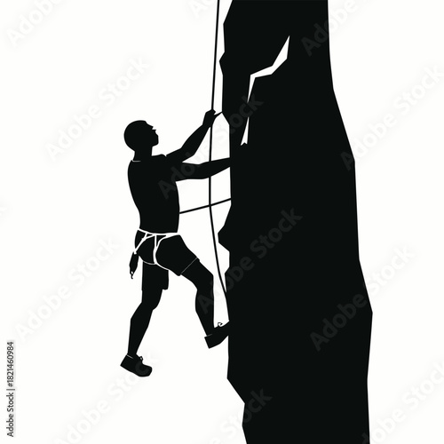 Silhouette of a man rock climbing up a steep cliff face using a rope isolated on white background, Vector, illustration