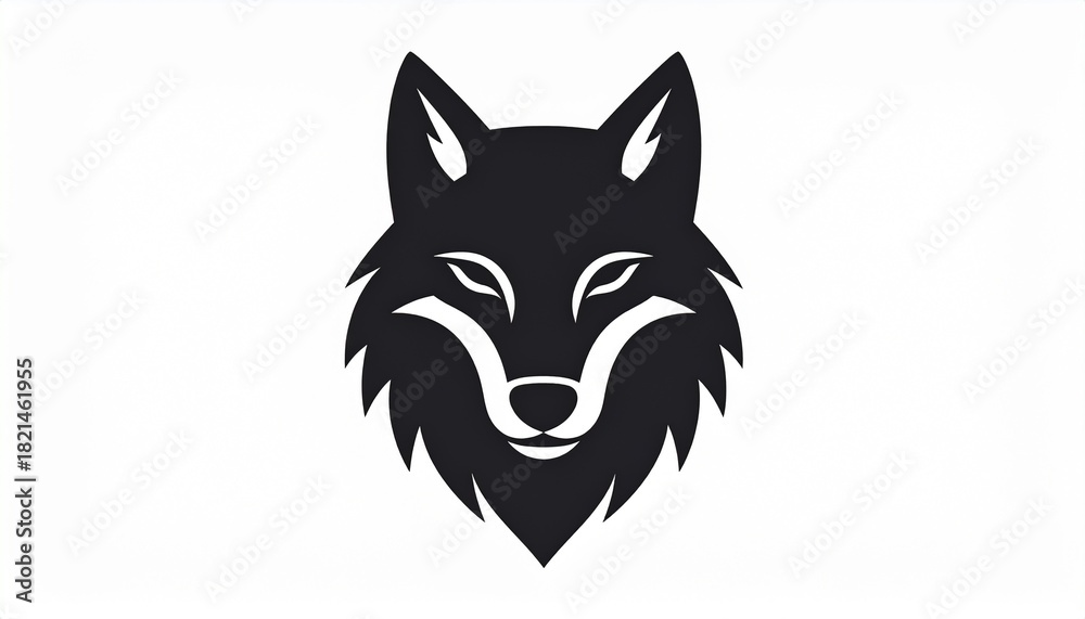 Obraz premium Symmetrical wolf head graphic in a bold black silhouette, a powerful icon representing wilderness, strength, and the spirit of a wild predator