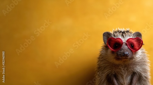 An adorable hedgehog wearing red heart-shaped sunglasses poses against a vibrant yellow background, offering a whimsical and charming visual experience for viewers.