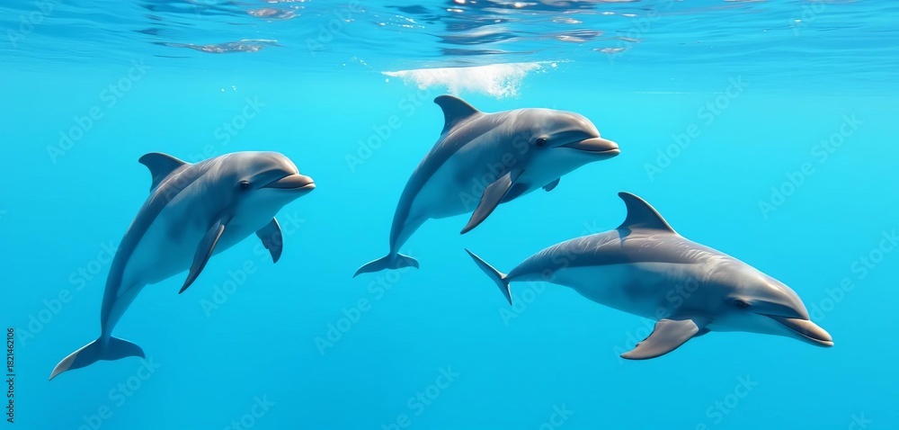 Obraz premium Three bottlenose dolphins swimming together in ocean, marine ecosystem, marine mammals
