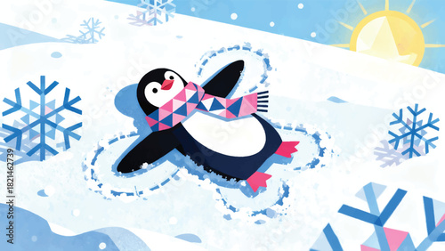 Illustration Of A Penguin Wearing A Scarf Lying In The Snow Vector Design Template