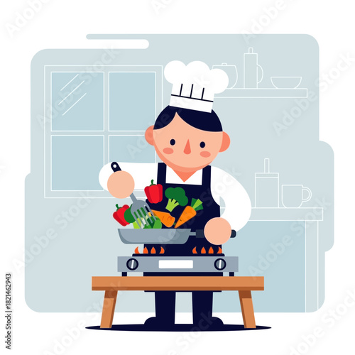 A chef cooking vegetables in a pan on a stove in the kitchen