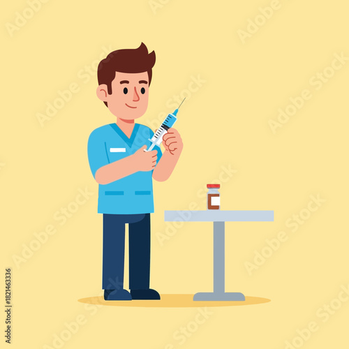 A male nurse preparing an injection at a medical table