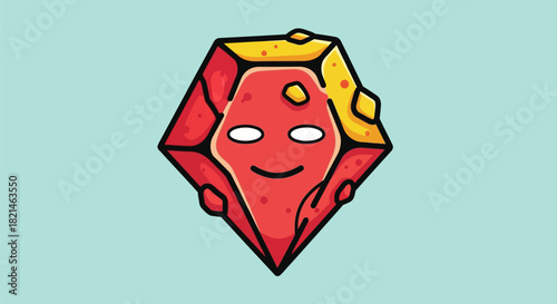 Cartoon Red Gemstone Character with a Smiling Face and Yellow Accents.