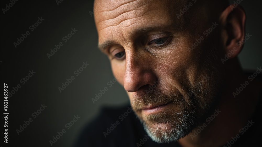Fototapeta premium medium portrait of a bald middle-aged man with serious face, head slightly bowed in quiet resolve, moody indoor light, dark neutral background