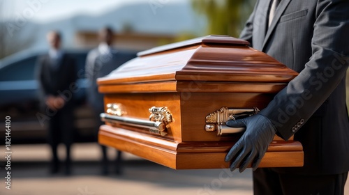 A man is holding a casket with a wooden lid. He is wearing a suit and gloves. The scene appears to be a funeral or a memorial service