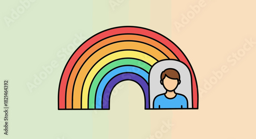 Person under a vibrant rainbow arch, symbolizing diversity and inclusion.