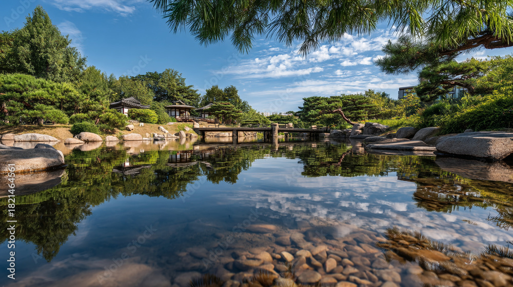Fototapeta premium Serene japanese garden with bridge over calm water reflecting the sky and trees above