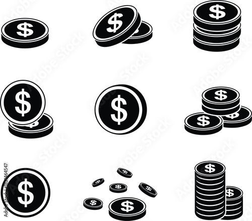 Set of Dollar Coin Icons, Stacked Scattered Money Currency Investment Symbols, Isometric Monochrome Finance Vector Graphic Collection