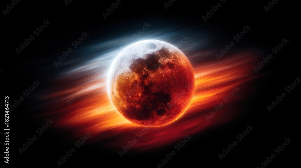 Fototapeta premium An artistic representation of the moon surrounded by fiery motion effects, presenting an imaginative interpretation of cosmic phenomena and the beauty of space.